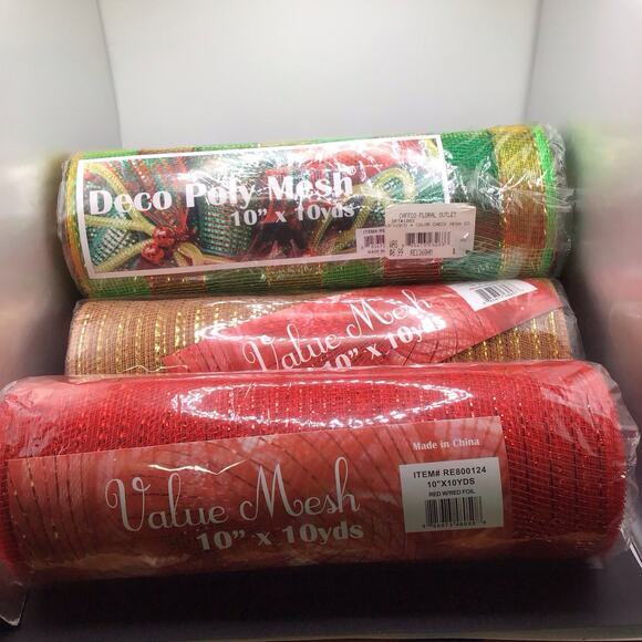 Deco Poly Mesh Lot 4 Rolls 10" x 10 Yds Red Foil Brown Foil Striped Foil - Picture 8 of 11